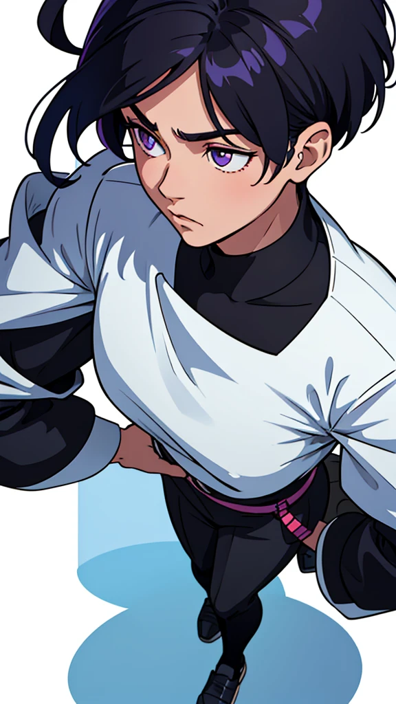 anime, anime style art, masterpiece, best quality, highres, 1 man, Baro Shoei blue lock, scool uniform, natural clothing, black hair, short hair, teenager, colorful hair, light background, full body, teenager, colorful parts, bold, realistic mixing dark lines and loose lines, bold lines, on paper, human man, purple eyes, full body, imposing pose, very tall, stylish outfit, dark theme, standing, male, sharp chin, wide jaw, white background, defined eyes, ultra detail eyes, very muscular ,broad shoulders, big shoulders, black white uniform, front view, standing straight, facing towards, looking straight, looking forward, full face, clean eyes, detailed eyes, hyper realistic eyes, masculine, oval face, calm, humble, man, male, masculine, full body uniform, clear face, detailed face, full body, focused on body, facing forward, looking forward, 1 person, 1 entity focus, standing normaly