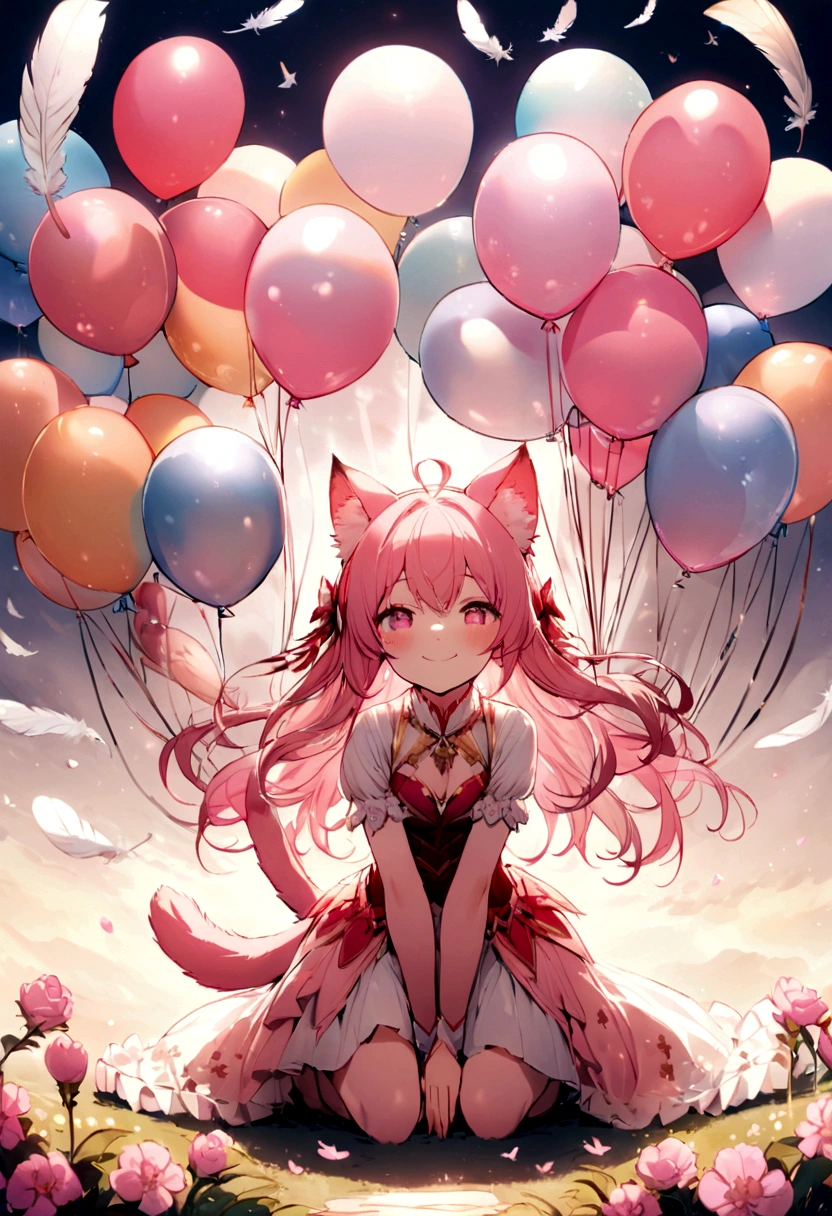 girl,Lots of balloons,Lots of balloons,floating,Soaring,colorful,smile,Flowers fluttering,Birds are flying,Feathers fluttering,magic,Shine,Sparkling,Fantasy pink cat ears cat tail kneeling facing forward