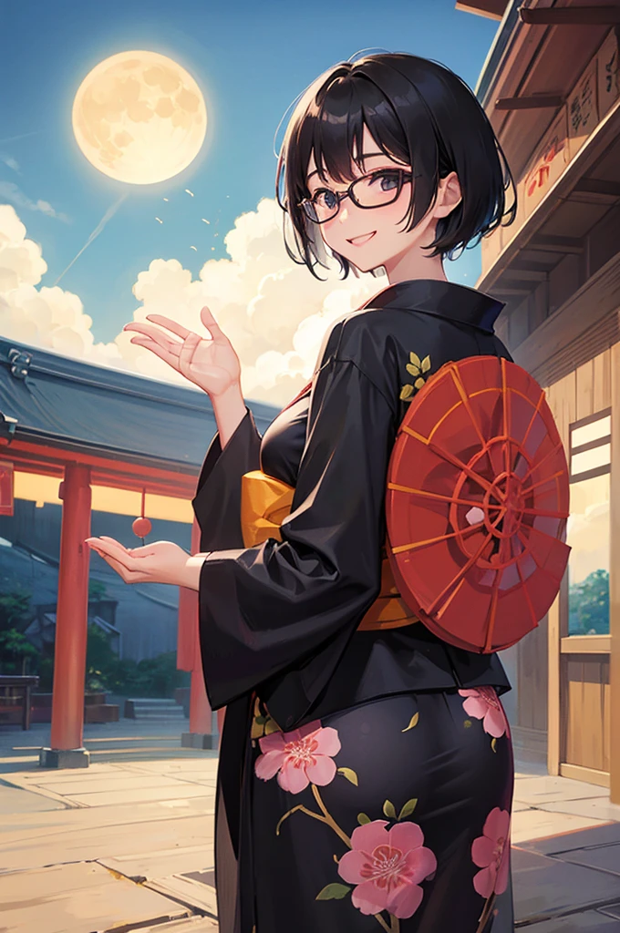 woman、Black short hair、Wear glasses、smile、Waving、Yukata、Festivals、shrine、I can see the moon、