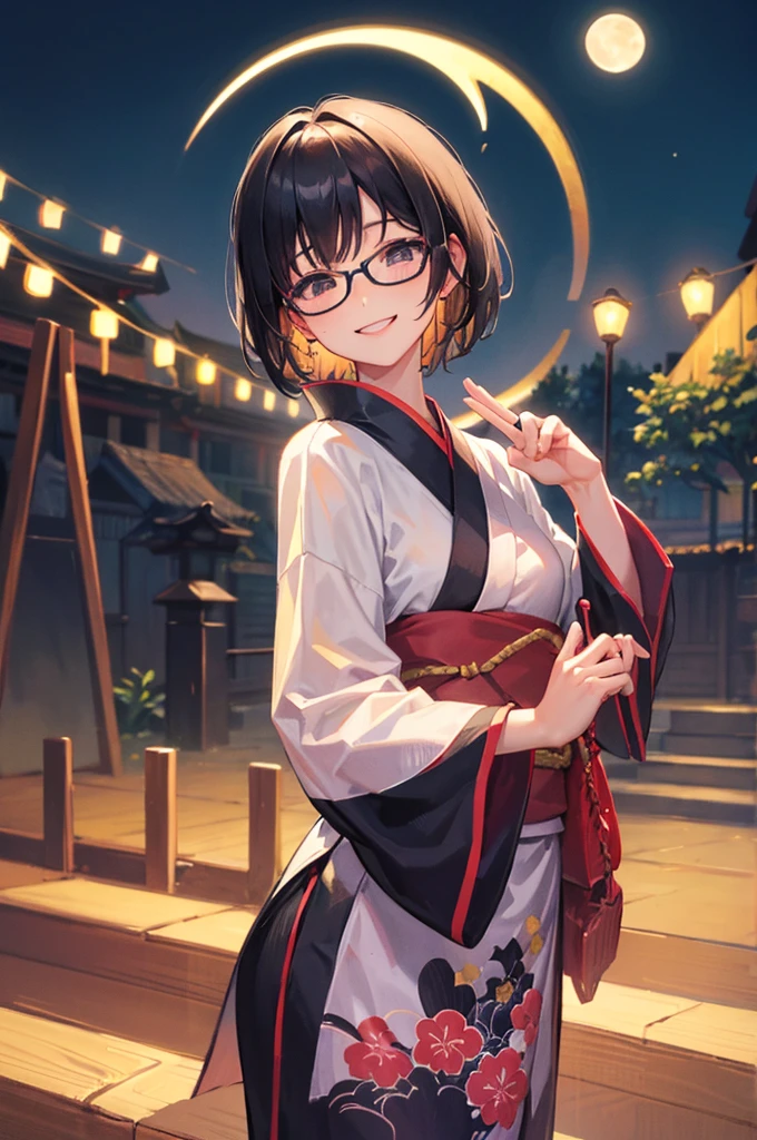 woman、Black short hair、Wear glasses、smile、Waving、Yukata、Festivals、shrine、I can see the moon、