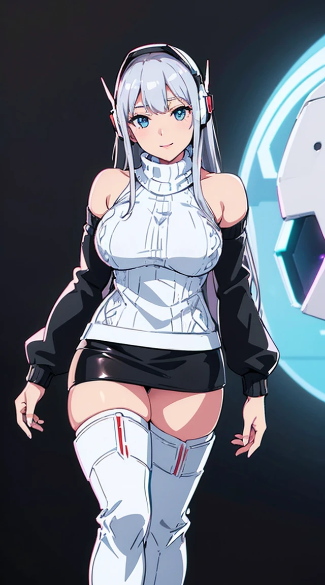 smile、((8K)), ((32k)), ((Highest quality)), ((masterpiece)), ((超A high resolution)), ((Tmasterpiece)), ((Halation:1.4))、((White mechanical headgear:1.3))、((White mecha cyber headphones:1.3))、Fine skin, High quality fabric, ((Beautiful and dense face))、RAW Photos、Professional, Ultra-fine painting, ((alone)), Beautiful breasts、Highest quality, Very detailed, Very detailed詳細, Finer details, so beautiful, Full body description、on a futuristic street、White thigh-high boots、(Woman wearing a black leather miniskirt:1.8)、(Wearing a white knitted turtleneck sweater:1.8)、 take a walk、Beautiful legs、(Machine Eyes:1.3)、drooping eyes: 1.3,, (In 8K) , masterpiece, (No retouching, Lip gloss, False eyelashes, Real Skin, Highest quality, 超A high resolution, Depth of written boundary, chromatic aberration, Caustics, Wide Lighting, Natural Shading))、Korean Idol、Asian woman smiling at camera,、Young and cute gravure idol, Young and skinny gravure idol, Realistic Young Gravure Idol, Young Gravure Idol, Japanese Model, Shot with Canon EOA 6D Mark II, Shot with Canon EOS 5D Mark IV, Young Gravure Idol、(White thigh-high boots:1.5)、(Long silver hair:1.1), cowboy_shot, Side Focus, Shiny、Concept Art, Anime fantasy artwork, (((Long silver hair))),  8K high quality, detailed art, In 8Kのキャラクターアートの3Dレンダリング, neat legs, Defined, Defined fingers,
