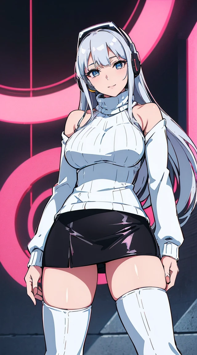 masterpiece, high quality, best quality, 1girl, (muscular female:1.0), (super gigantic breasts:1.0), (closed mouth, half smile), hackadoll0, long hair, grey hair, hair over one eye, red eye, dark skin, large breasts, minidress, high heels, (black leggings:1.5), anime screencap, anime key visual, (fully clothed:1.0), full body <lora:HackaDoll0:1>