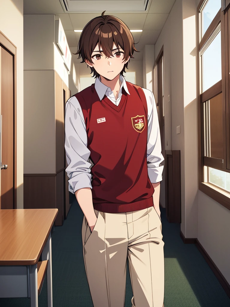 Male Character, Boy, Medium Hair, Brown Hair, Brown Dark Eyes, Red, Student Uniform, Light-Red Student Uniform, School Background