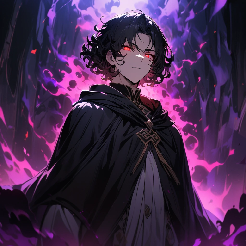 a handsome man with short black hair, curly hair, red eyes, dark aura surrounding him, 4k, masterpiece, cloak, glowing eyes, short hair