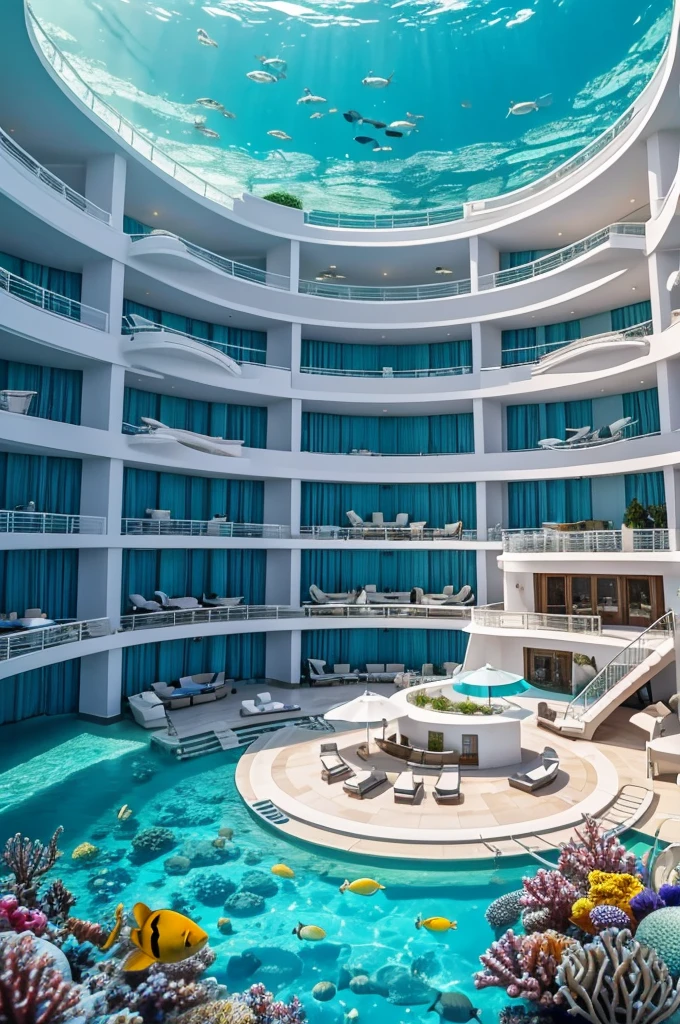 A white luxury hotel located under the sea, fish are swimming and the hotel is very luxurious, it has an elevator to go up, long shot, 8k quality, vivid colors