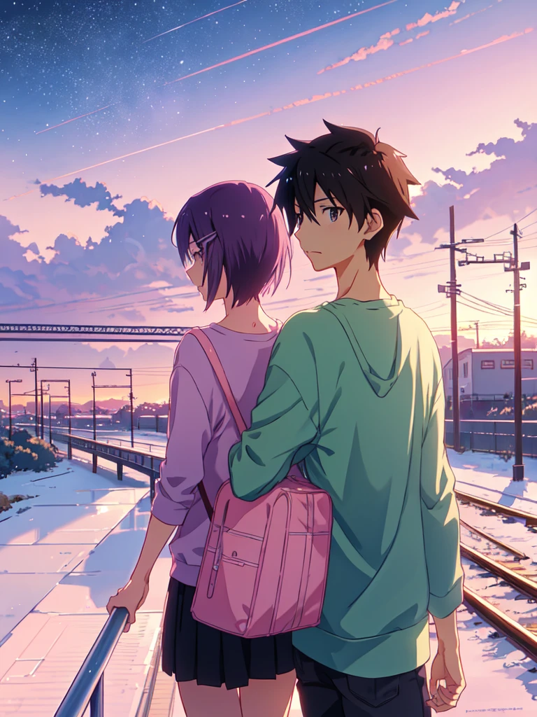 Animated scene of a train passing under a pink and purple sky, Anime drawing by Makoto Shinkai, Topics on pixiv, magical realism, Beautiful anime scene, Space Sky. by Makoto Shinkai, ( ( makoto shinkai ) ), by Makoto Shinkai, Anime Background Art, Makoto Shinkai&#39;s Style