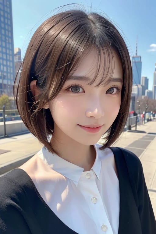 (((Face close-up)))、(((Brown, shoulder-length, straight short bob)))、(((She has the New York skyline in the background、Posing like a model at a beauty salon。.)))、(((Casual black long sleeve winter outfit)))、Half Japanese and half Korean、18-year-old girl、Independent、Look forward、Light eye makeup、Brown Hair Color、Flat 、Hair blowing in the wind、Quality of actress、Shiny, Ultra-realistic faces、Smiling face、Watery eyes、look up、Subtle lighting effects、 Ultra-Realistic Capture、Very detailed、High resolution 16K human skin closeup。Skin texture must be natural、The details must be clear enough to identify pores.、skin is healthy、Must be of uniform tone、Use natural light and color、Classic high-quality images taken by modeling agencies&#39;Exclusive photographer、smile
