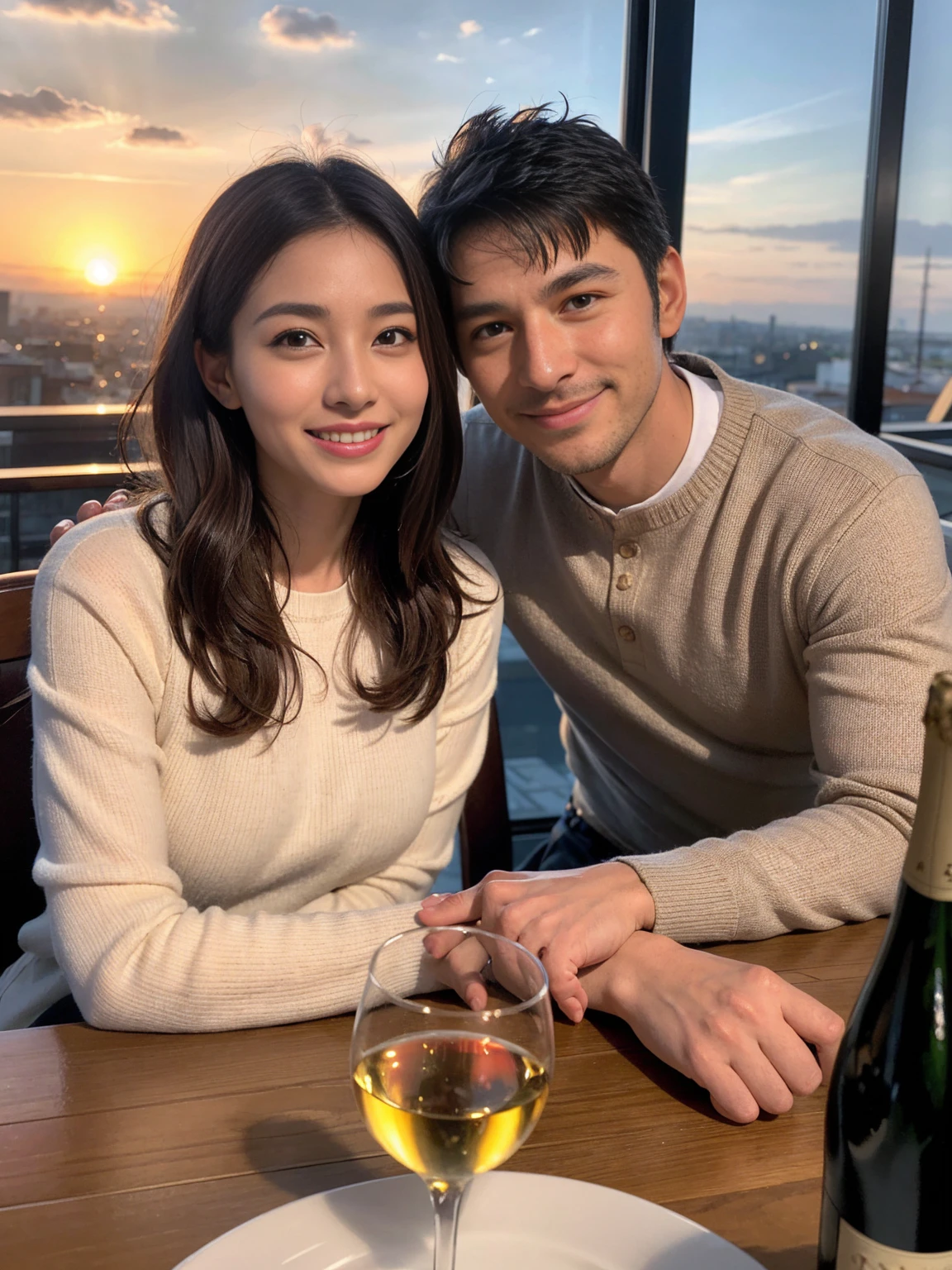 ((Highest quality、8K、masterpiece:1.3))、 (Genuineistic, Genuine、Bright image、Intricate details:1.2), 最高のsmile、1 male、1 female、Beautiful couple、spouse、fiancee、Good friends、actress couple、smile、Full-course dinner at a packed table、 (Slim face), (the body is slim), (Brown Hair), (short hair), テーブルのwine glass、Please shine a light on my face、 Amazing view of the sunset sky and clouds、 (42 years old)40 years old, red wine 、Appetizers、Wine bottle、sparkling wine、Long sleeve shirt、dress、White wine, red wine, wine glass,
