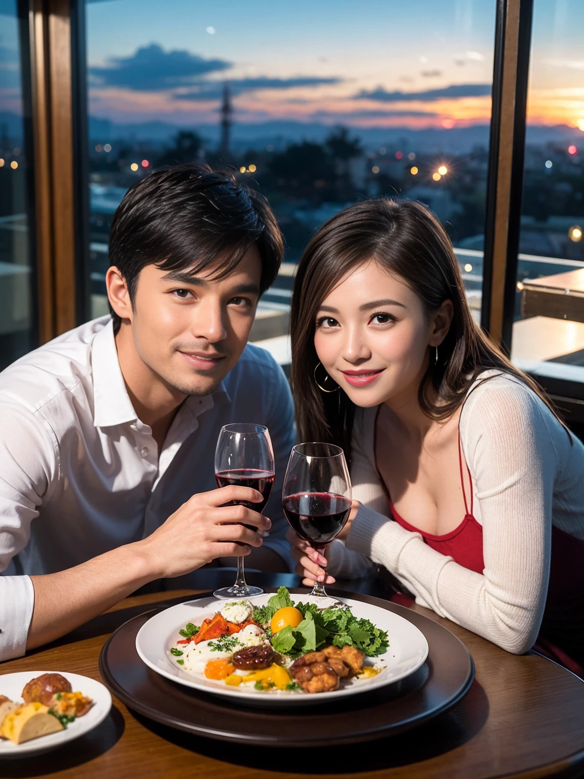 ((Highest quality、8K、masterpiece:1.3))、 (Genuineistic, Genuine、Bright image、Intricate details:1.2), 最高のsmile、1 male、1 female、Beautiful couple、spouse、fiancee、Good friends、actress couple、smile、Full-course dinner at a packed table、 (Slim face), (the body is slim), (Brown Hair), (short hair), テーブルのwine glass、Please shine a light on my face、 Amazing view of the sunset sky and clouds、 (42 years old)40 years old, red wine 、Appetizers、Wine bottle、sparkling wine、Long sleeve shirt、dress、White wine, red wine, wine glass, 