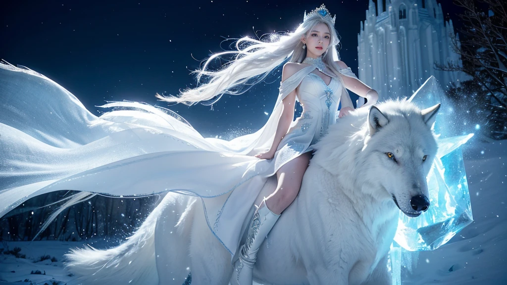(( Elf girl with long white hair, blue eyes, good shape, long white dress, cape, ice crown, ice earrings )), (( Riding on the back of a large thick white-haired wolf Fierce, scary, majestic. )), full body image, Look at the camera., Front camera angle: Wild, Cold Weather, snow, snowfall, Snow droplets, Snow in the air, cinematic scene, Magic, Snow Magic, fantasy, mythology, decoration, diffused lighting, moon light, moon, (Ice magic on hand ), ( Release the ice from your hands. ), ( Ice aura around you ), ( Ice effect on the body ), nsfw