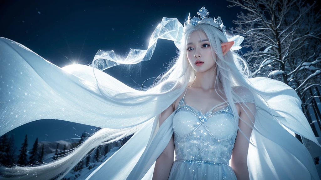 (( Elf girl with long white hair, blue eyes, good shape, long white dress, cape, ice crown, ice earrings )), (( Riding on the back of a large thick white-haired wolf Fierce, scary, majestic. )), full body image, Look at the camera., Front camera angle: Wild, Cold Weather, snow, snowfall, Snow droplets, Snow in the air, cinematic scene, Magic, Snow Magic, fantasy, mythology, decoration, diffused lighting, moon light, moon, (Ice magic on hand ), ( Release the ice from your hands. ), ( Ice aura around you ), ( Ice effect on the body ), nsfw