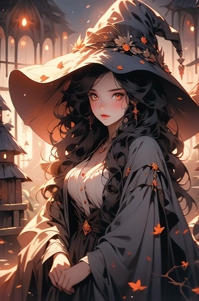 1girl, witch, red wide-brimmed hat, witch hat, plump, shy, witch's hut, orange eyes