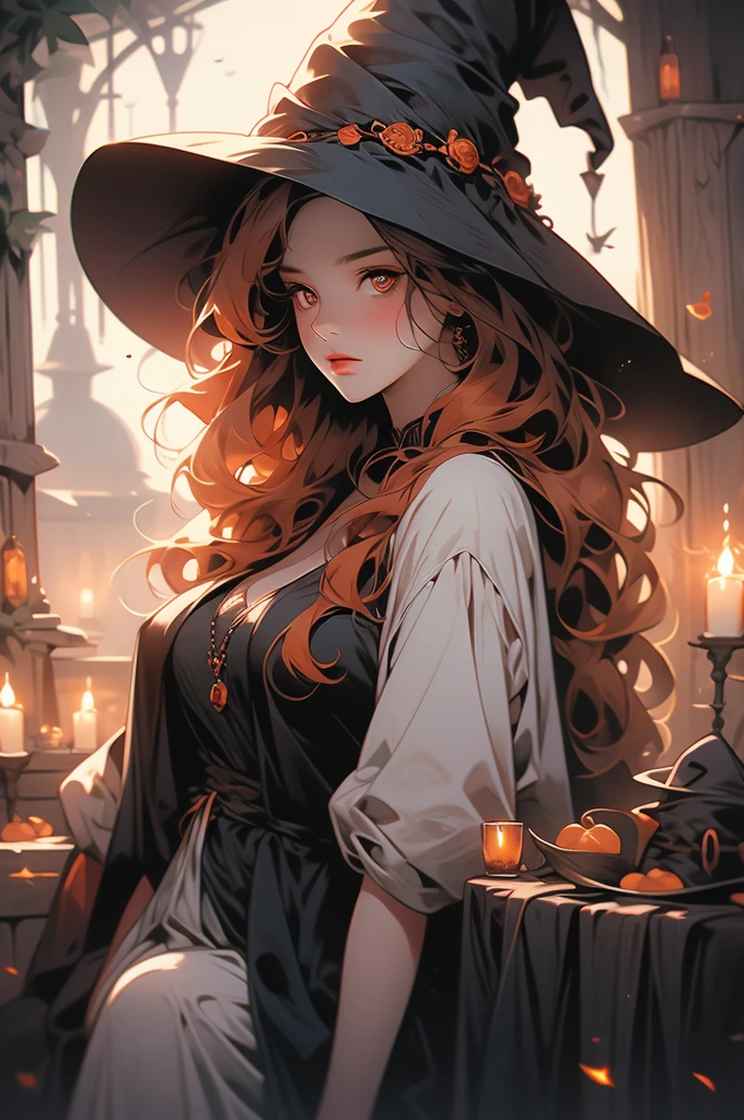 1girl, witch, red wide-brimmed hat, witch hat, plump, shy, witch's hut, orange eyes