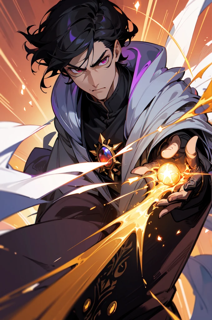 masterpiece, best quality, 1 male, young, tall muscular, handsome, finely detailed eyes, intricate details, black hair, short hair, evil face, solo, upper body, detailed dark shadow background, detailed face, good sorcerer, color magical robes, determined expression, white color scheme, dark crimson light, glowing magical runes, realistic lighting, floating particles, sparks, surrounded by gold lightning red arcane symbols, corrupted by eldritch power, bloom, glasses, gloves