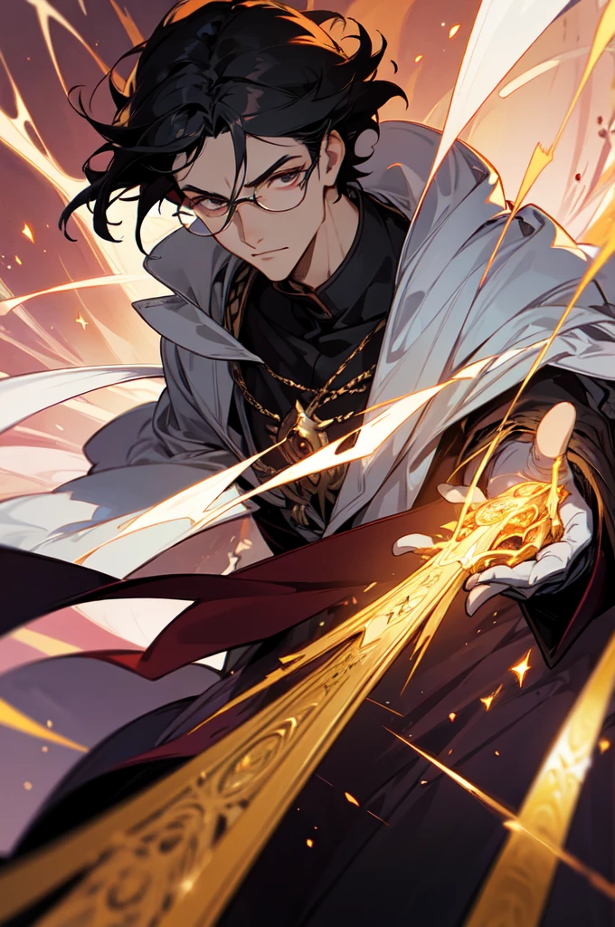 masterpiece, best quality, 1 male, young, tall muscular, handsome, finely detailed eyes, intricate details, black hair, short hair, evil face, solo, upper body, detailed dark shadow background, detailed face, good sorcerer, color magical robes, determined expression, white color scheme, dark crimson light, glowing magical runes, realistic lighting, floating particles, sparks, surrounded by gold lightning red arcane symbols, corrupted by eldritch power, bloom, glasses, gloves