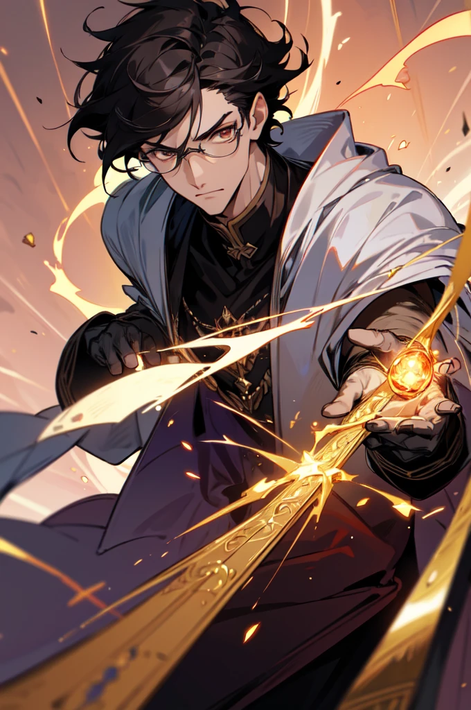 masterpiece, best quality, 1 male, young, tall muscular, handsome, finely detailed eyes, intricate details, black hair, short hair, evil face, solo, upper body, detailed dark shadow background, detailed face, good sorcerer, color magical , determined expression, white color scheme, dark crimson light, glowing magical runes, realistic lighting, floating particles, sparks, surrounded by gold lightning red arcane symbols, corrupted by eldritch power, bloom, glasses, gloves