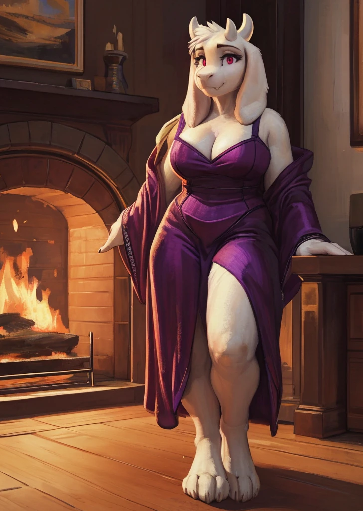 [toriel], [Undertale], [Uploaded to e621.net; (Pixelsketcher), (wamudraws), (woolrool)], ((masterpiece)), ((HD)), ((high quality)), ((solo portrait)), ((front view)), ((feet visible)), ((furry; anthro)), ((detailed fur)), ((detailed shading)), ((beautiful render art)), ((intricate details)), {anthro goat; white fur, white nose, cute maroon eyes, (short eyelashes), (short goat antlers), short fluffy tail, (deep cleavage), (gorgeous hips), (beautiful feet), (expressionless)}, dressed like Lady Dimitrescu, [background; (living room), (yellow walls), (orange wood floor), (fireplace), (ambient lighting)], (sfw)