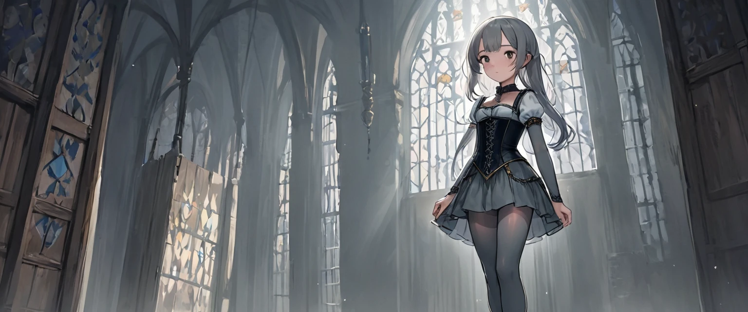 8 year old medieval girl, underwear姿、Translucent knee-length drawers（underwear）Wearing、Wearing a semi-transparent corset、 Grey translucent tights