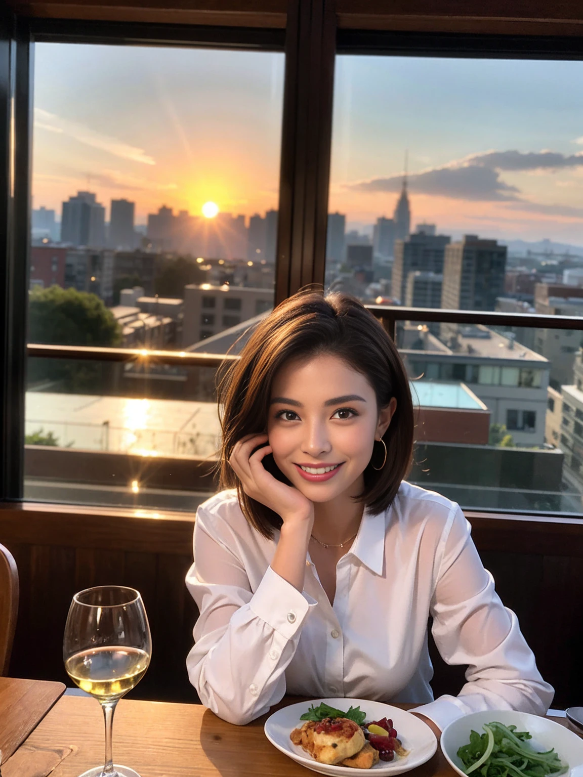 ((Highest quality、8K、masterpiece:1.3))、 (Genuineistic, Genuine、Bright image、Intricate details:1.2), 最高のsmile、1 male 1 female、Beautiful couple、Lovey-dovey lovers、fiancee、Good friends、actress couple、smile、Full-course dinner at a packed table、 (Slim face), (the body is slim), (Brown Hair), (short hair), テーブルのwine glass、Please shine a light on my face、 Amazing view of the sunset sky and clouds、 years old 39 years old, red wine 、Appetizers、Wine bottle、sparkling wine、Long sleeve shirt、dress、White wine, red wine, wine glass,