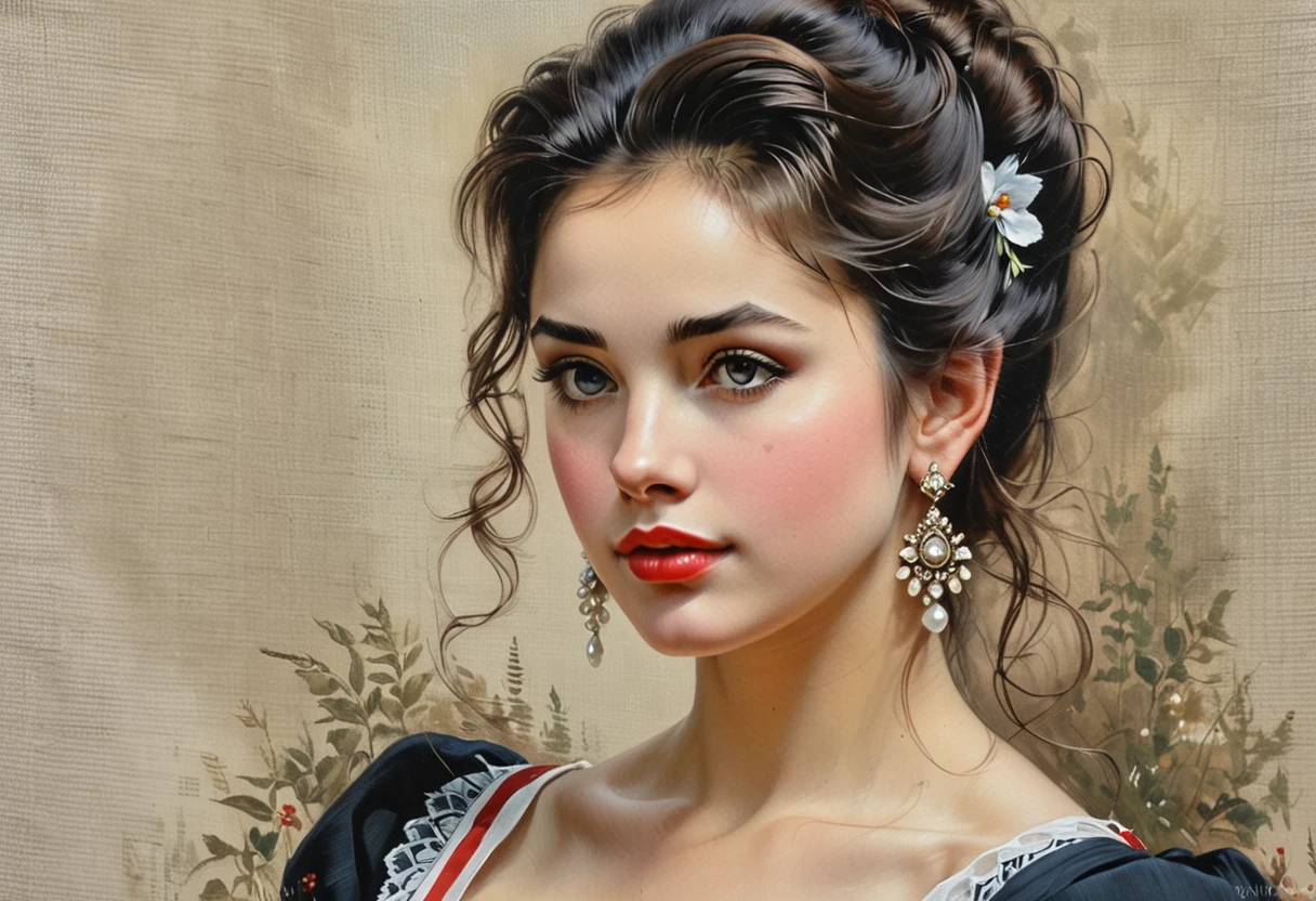 Close-up, half body of a beautiful woman, dark tousled hair pinned up in a vintage dress, large earrings, on canvas, hyper realistic oil painting, visually stunning, realistic oil painting, trending on Artstation, hyper quality, ultra detail, Charlie Style Bowater, Konstantin Razumov, Vladimir Volegov, Studio Ghibli Genshin Impact