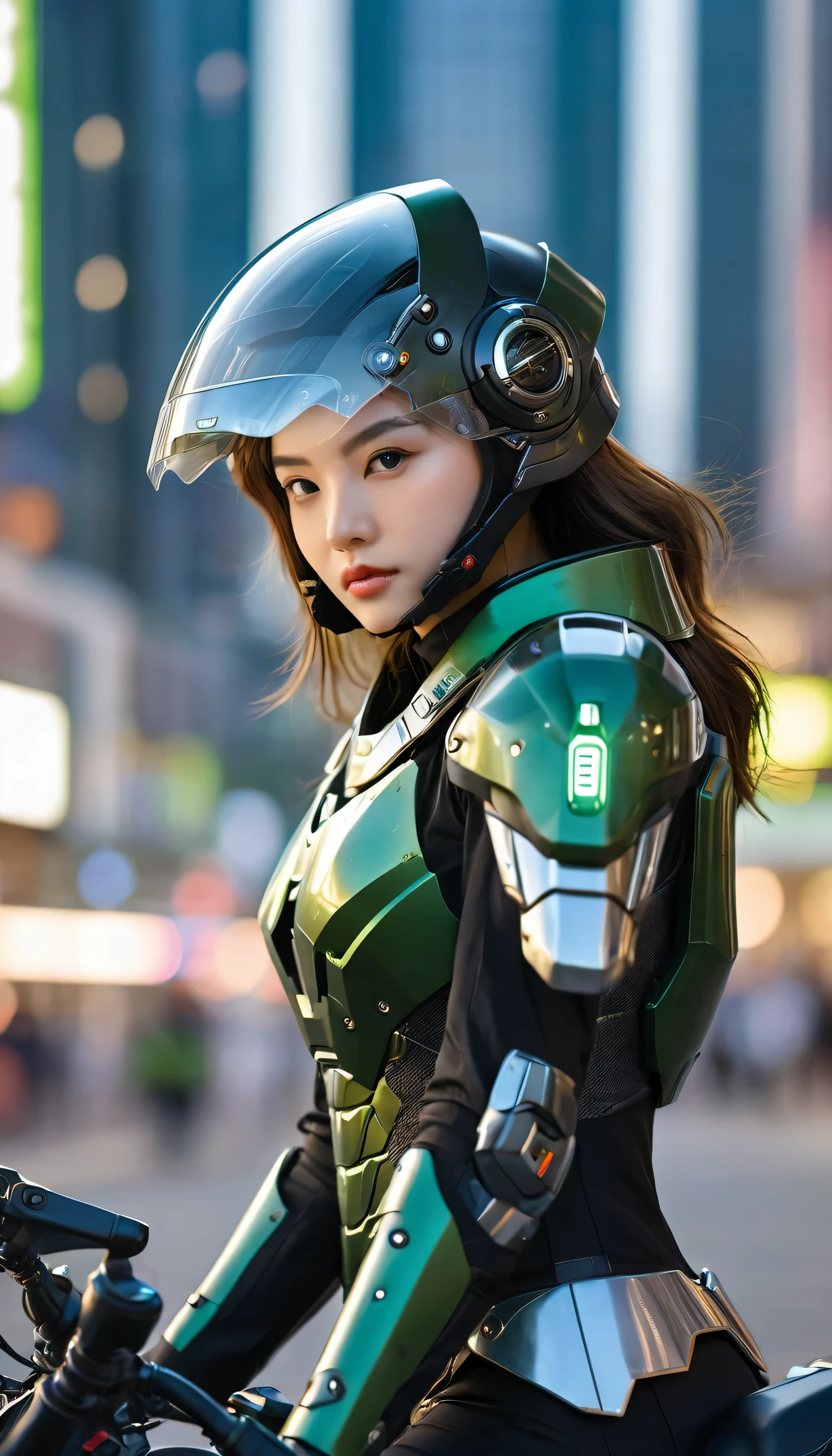 Highest image quality, Outstanding details, Ultra-high resolution, (realism: 1.4), Best example, Favor the details, Highly concentrated 1girl, Beautiful face, Wearing black and green armor, Wearing a mecha helmet, Handheld directional controller, Riding a motorcycle, The background is a high-tech lighting scene of a future city.