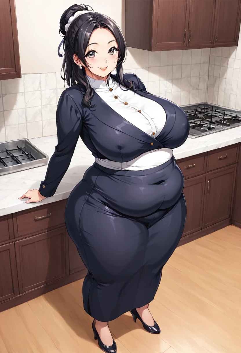 detailed illustration, dynamic angle, ultra-detailed, illustration, 1girl, mid 20’s year old Chinese woman, during the day, in a fancy home, standing in the kitchen , wood paneled walls, beautiful dark wood floors, oriental rugs, obese and thicc milf , silk waist-long dark hair , big round firm belly, academic uniform, strained shirt, soft smile, motherly and nurturing, look cute, tight clothes, tight  very wealthy looking, tall, grey eyes, anime eyes