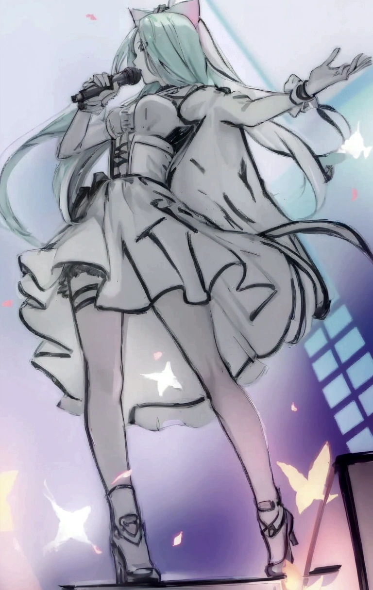 Anime girl in a skirt and shoes standing on the stage, Idol singer , Fluttering skirts,Long hair,Catwoman,Clear anime silhouette, Anime style超详细, Clear clothing design, Anime art style, Pixiv Style, 扁平Anime style阴影, Anime style, The art of math!!, Anime style, Digital Animation Art!