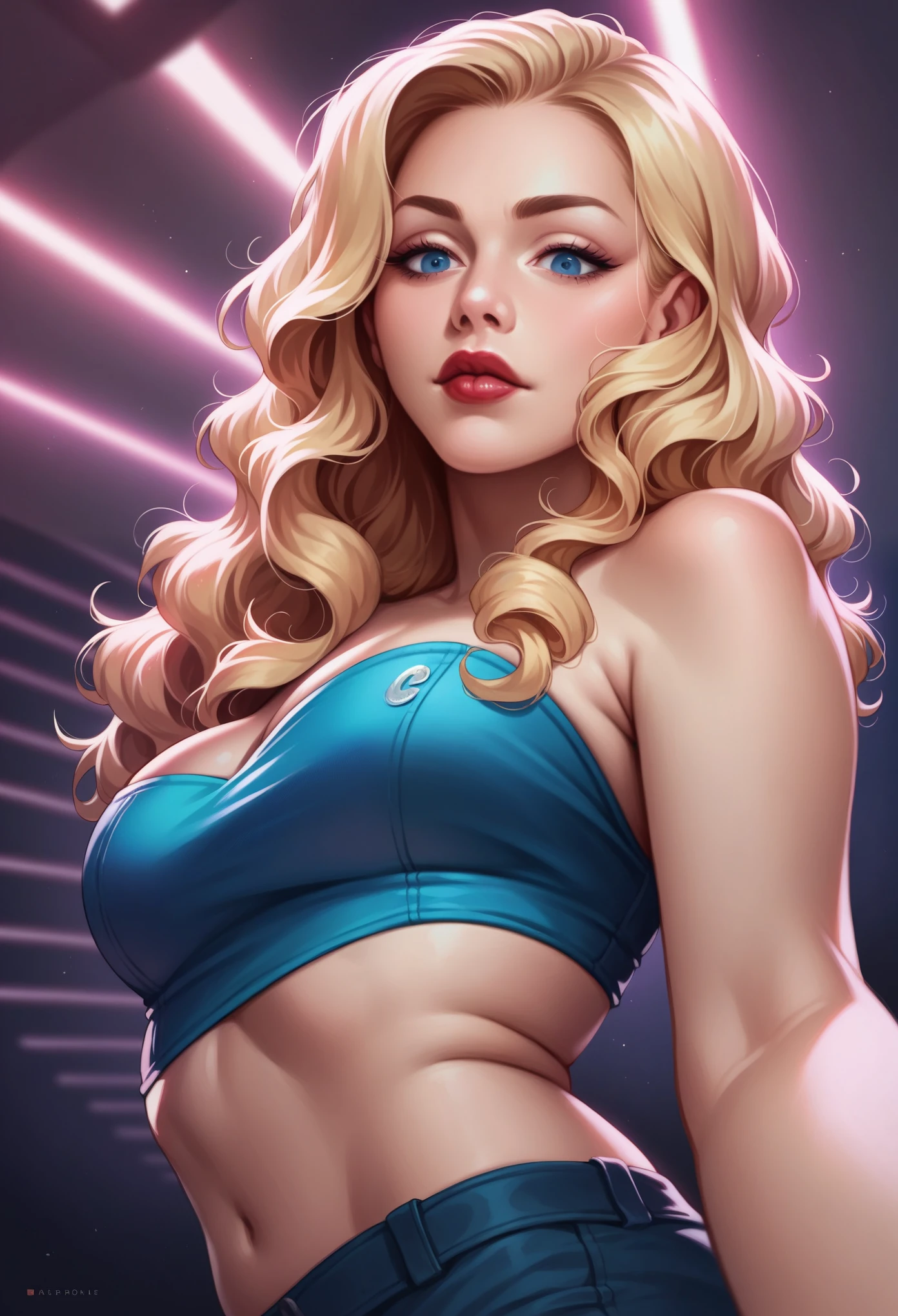 blonde woman with wavy hair, 21 years old, red lips, view from the side, small mouth closed, medium , blue eyes, realistic photo, glamour photo, night club, neon light, high pov, looking down, sexy, midriff