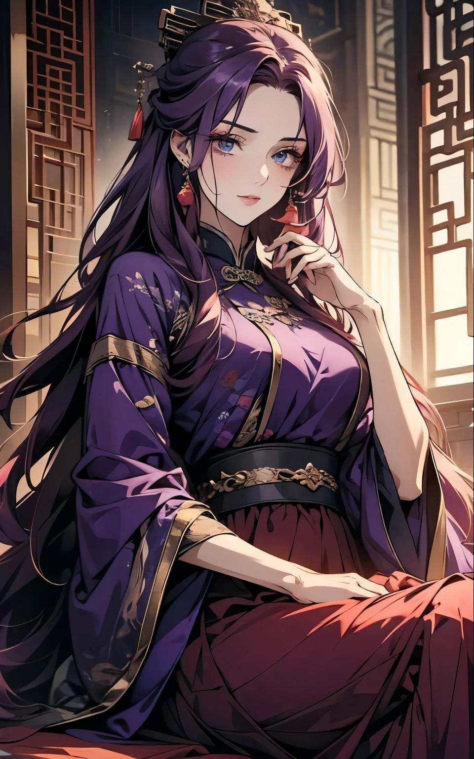 1 middle-aged women, (45 years old), long purple hair, blue eyes, chinese clothes, (!PURPLE! clothes, ultra long skirt ), purple chinese room, portrait