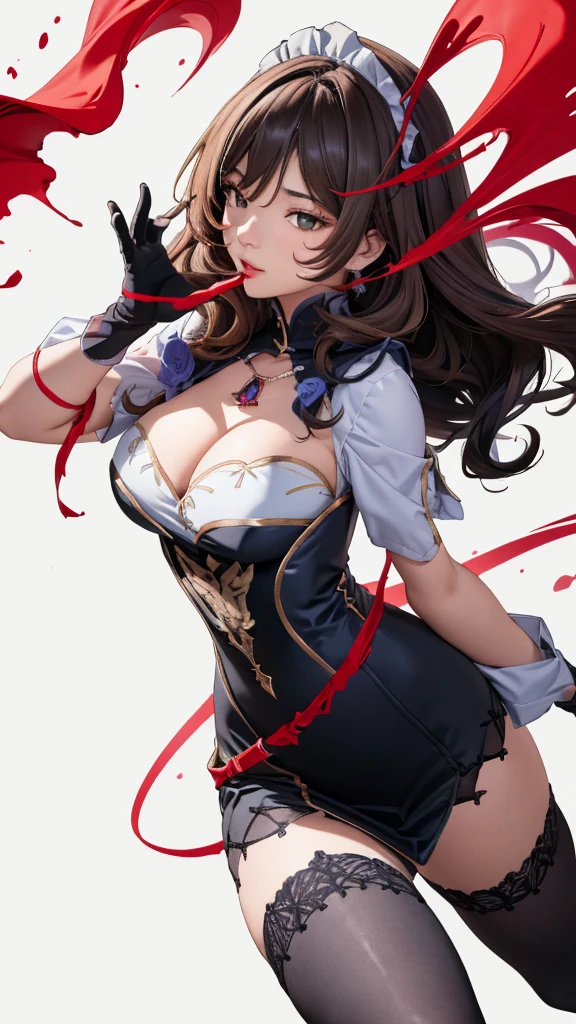 random angle image, brush drawing image, portrait image, beautiful busty Asian female , aged 20, soft skin colour, flowing long black hair, wearing red slim fit short maid dress with stockings, dynamic pose, red smoke lines behind, white background, 8K resolution