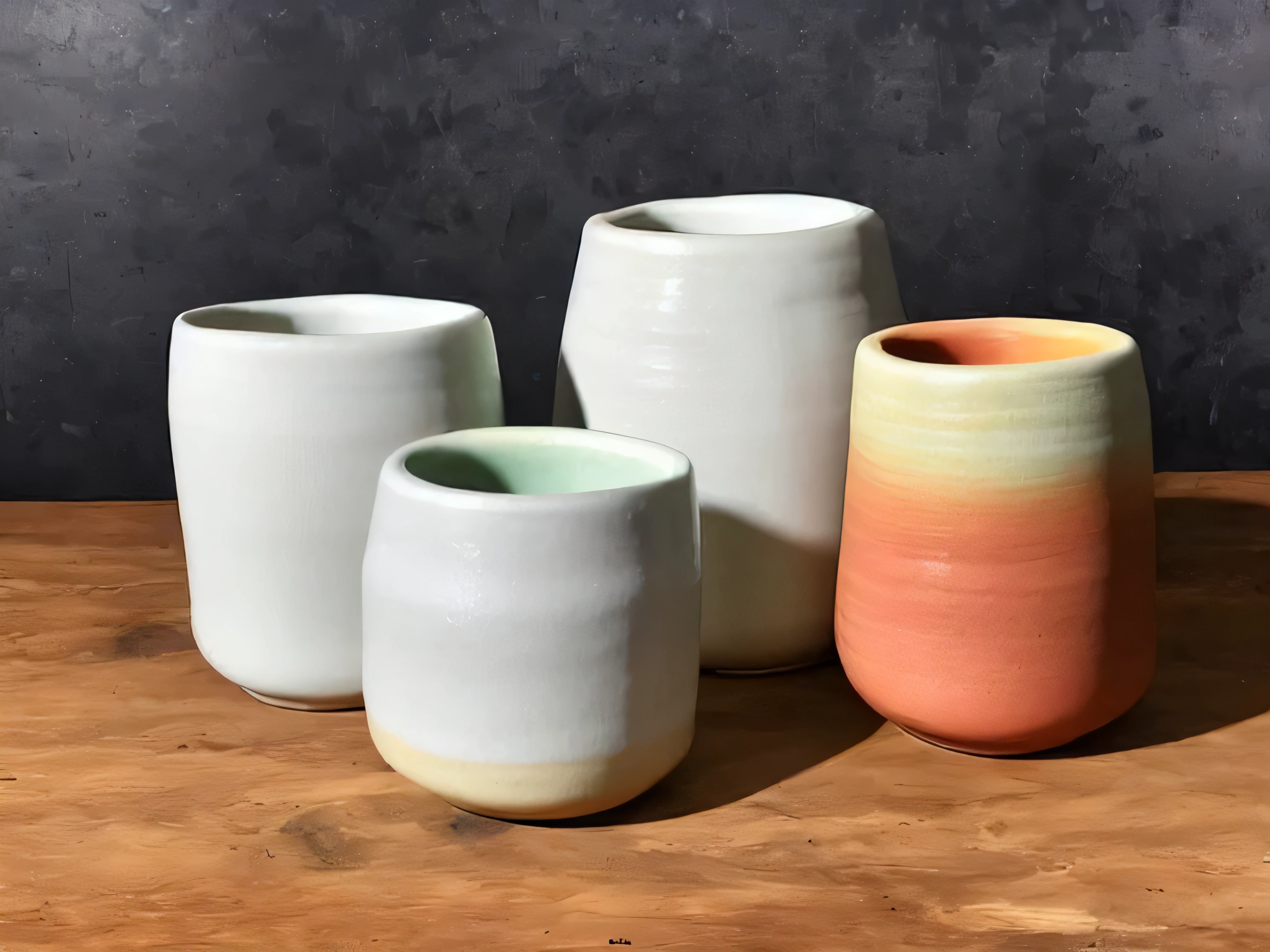 (Still),Colored glaze ceramics, containers,Vision,Lots of white space,(masterpiece), (best quality), Simple background, Rule of Thirds, (Still) Colored glaze ceramics, Backlight, real life, lifelike, actual, no humans, wood