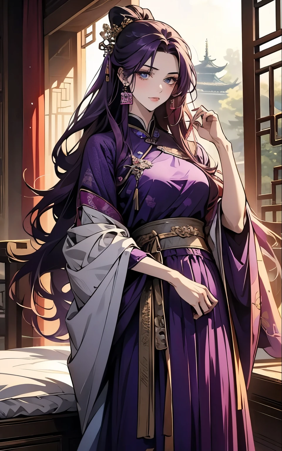 1 middle-aged women, (45 years old), long purple hair, blue eyes, chinese clothes, (!PURPLE! clothes, ultra long skirt ), purple chinese room, portrait