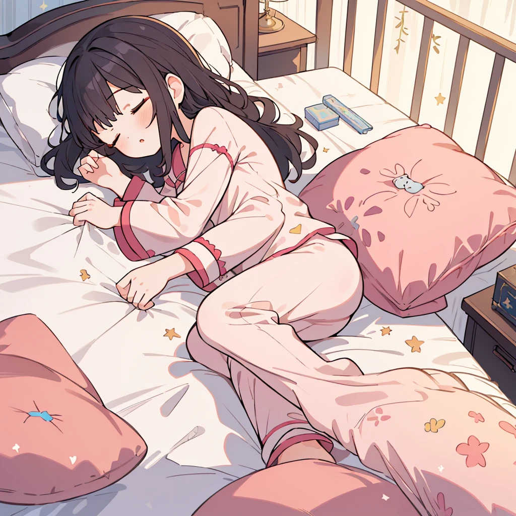 (Highest quality、masterpiece), One Girl, Sleeping on your side, pajamas, From above, bed, Girl's Room, Hugdoll