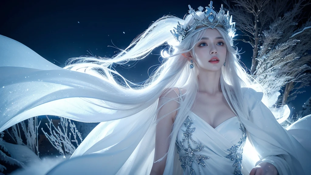 (( Elf girl with long white hair, blue eyes, good shape, long white dress, cape, ice crown, ice earrings )), (( Riding on the back of a large thick white-haired wolf Fierce, scary, majestic. )), full body image, Look at the camera., Front camera angle: Wild, Cold Weather, snow, snowfall, Snow droplets, Snow in the air, cinematic scene, Magic, Snow Magic, fantasy, mythology, decoration, diffused lighting, moon light, moon, (Ice magic on hand ), ( Release the ice from your hands. ), ( Ice aura around you ), ( Ice effect on the body ), nsfw