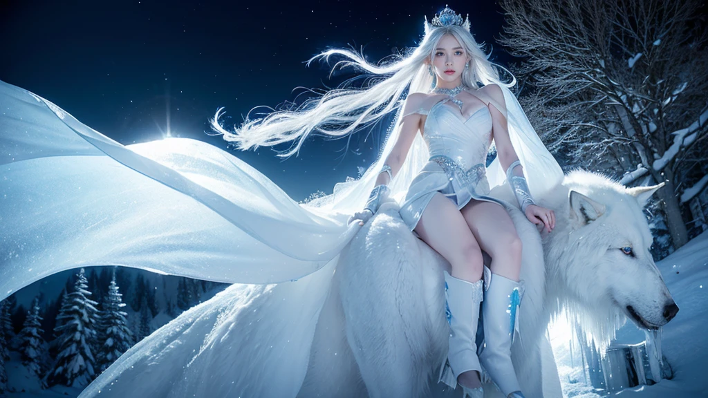(( Elf girl with long white hair, blue eyes, good shape, long white dress, cape, ice crown, ice earrings )), (( Riding on the back of a large thick white-haired wolf Fierce, scary, majestic. )), full body image, Look at the camera., Front camera angle: Wild, Cold Weather, snow, snowfall, Snow droplets, Snow in the air, cinematic scene, Magic, Snow Magic, fantasy, mythology, decoration, diffused lighting, moon light, moon, (Ice magic on hand ), ( Release the ice from your hands. ), ( Ice aura around you ), ( Ice effect on the body ), nsfw