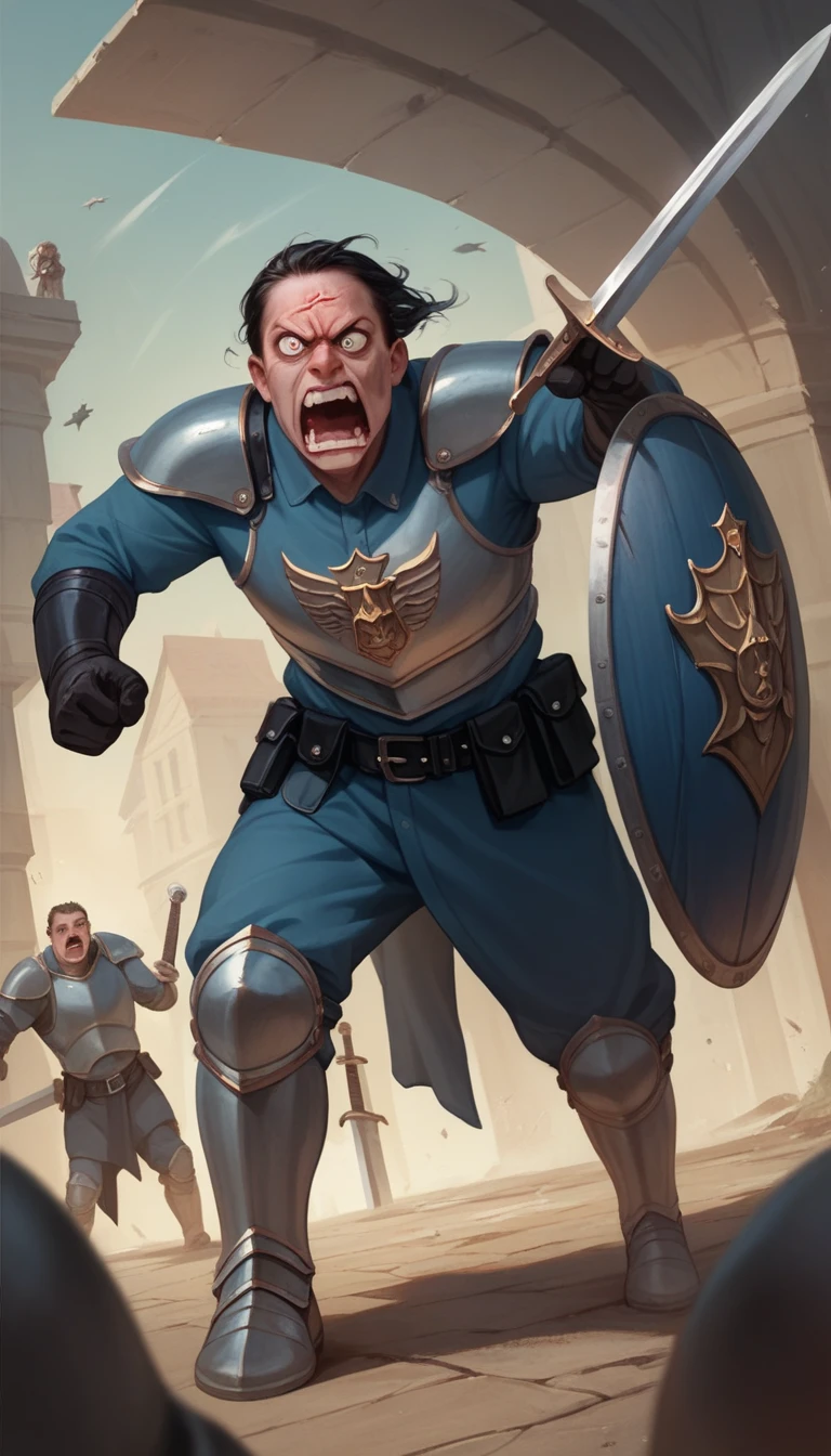 one men , mean and ugly, (((physically attacking))), another man, caught by the hair and screaming, with eyes red with anger, police, terrifying, with his face disfigured by the sore, de capuz, wearing a sword, with a shield, armour, 16K resolution, great detail, uhd, Physicist, brutal, realistic, cinematic, 3d, ultra-realistic textures, photorealistic