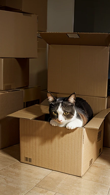 Cat hidden in cardboard box