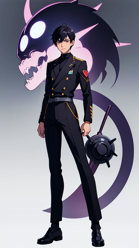 anime, anime style art, masterpiece, best quality, highres, 1 man, Baro Shoei blue lock, scool uniform, natural clothing, black hair, short hair, ager, colorful hair, light background, full body, teen, colorful parts, bold, realistic mixing dark lines and loose lines, bold lines, on paper, human man, purple eyes, full body, imposing pose, very tall, stylish outfit, dark theme, standing, male, sharp chin, wide jaw, white background, defined eyes, ultra detail eyes, very muscular ,broad shoulders, big shoulders, black white uniform, front view, standing straight, facing towards, looking straight, looking forward, full face, clean eyes, detailed eyes, hyper realistic eyes, masculine, oval face, calm, humble, man, male, masculine, full body uniform, clear face, detailed face, full body, focused on body, facing forward, looking forward, 1 person, 1 entity focus, standing normaly