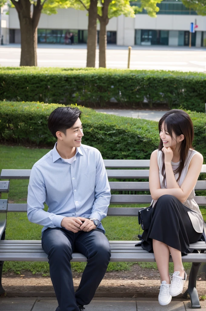A clean-cut man、Park bench、Talking to a woman、Smiling、Listening
