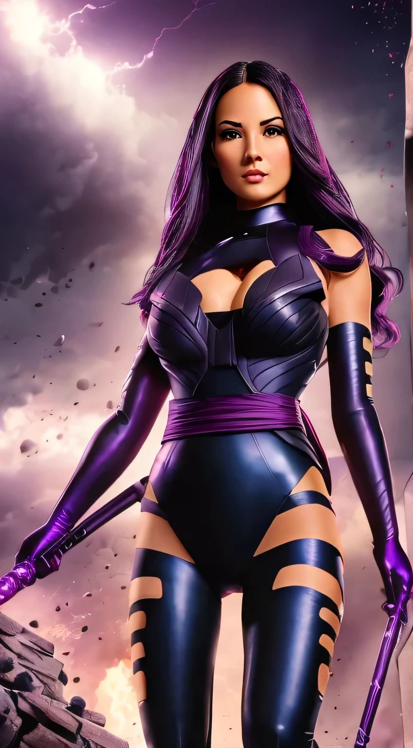 (best quality:1.3), (4k quality), Psylocke, ((Detailed face)), (blush), Psylocke, black hair, dark eyes, ((detailed face)), perfect face, highly detailed eyes, masterpiece, absurdres , (intricate details), (colorful),cinematic lighting,extremely detailed CG unity 8k wallpaper , 1girl, solo,mature female, erected tits, fit slim body,((perfect erected small tits)), living room, tight dark purple bodysuit, gloves, stockings, high heels, fit slim body, standing in seductive pose