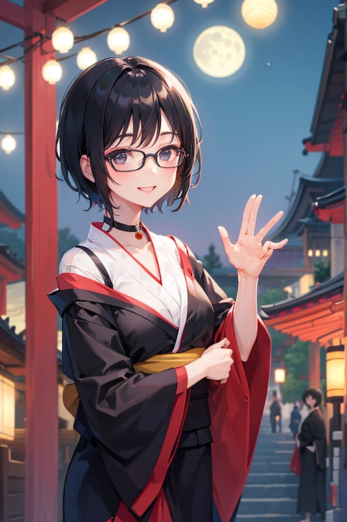 woman、Black short hair、Wear glasses、smile、Waving、Yukata、Festivals、shrine、I can see the moon、Night Sky