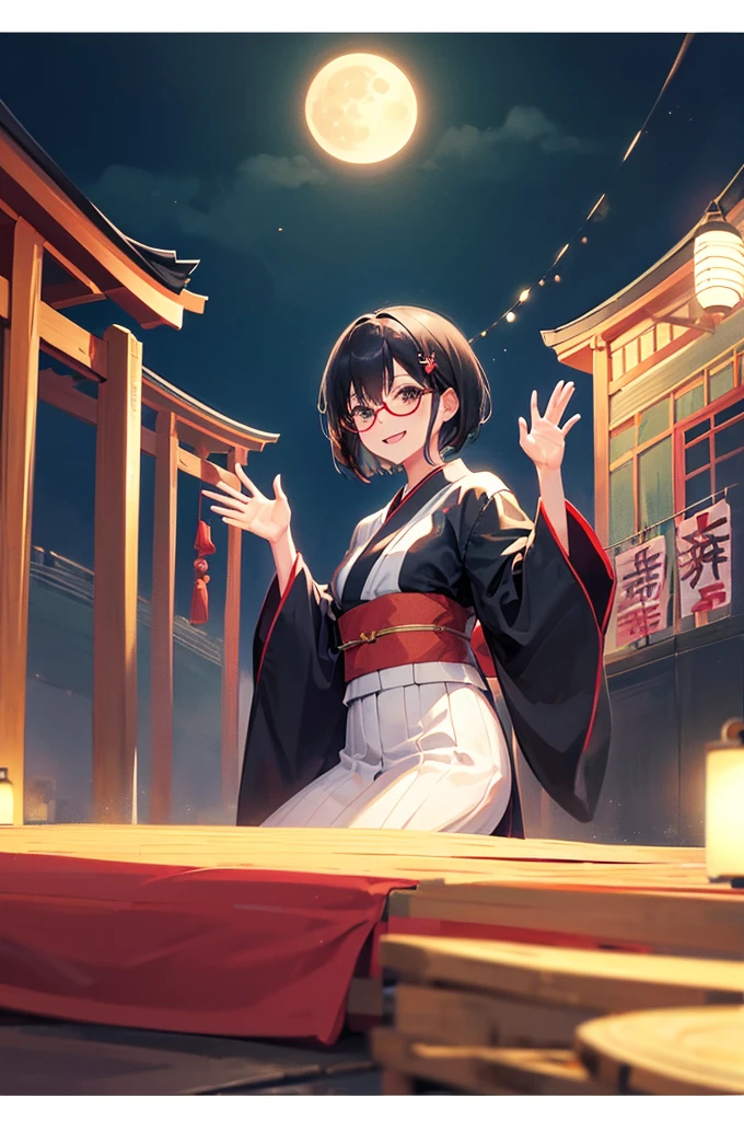 woman、Black short hair、Wear glasses、smile、Waving、Yukata、Festivals、shrine、I can see the moon、Night Sky