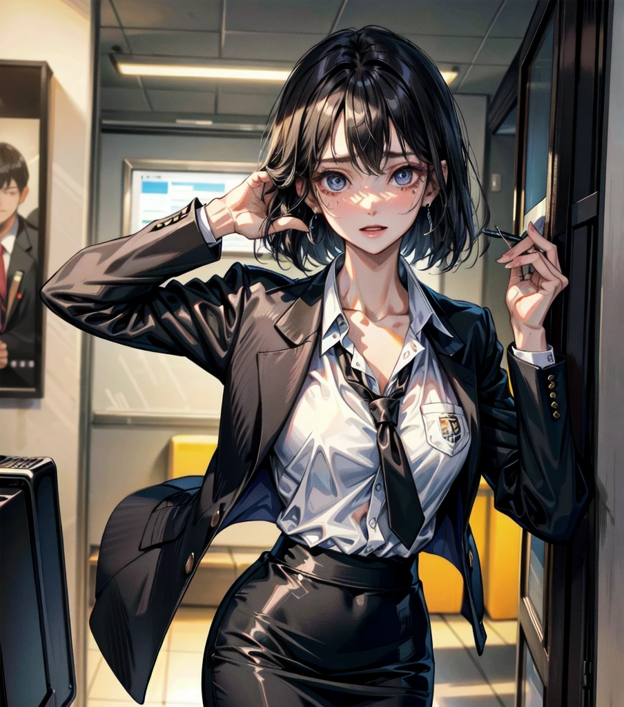 whole body, medium tits, medium hair, black hair, tearful mole, earring, business suit, blazer, pencil skirt, collarbone, shirt, tie,