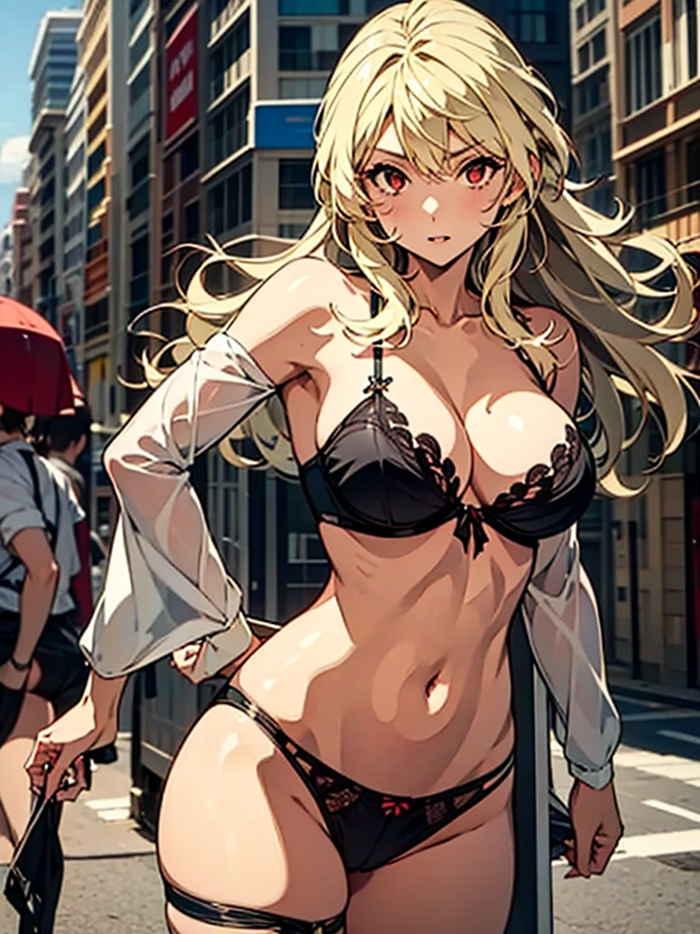 revue,, masterpiece, Highest quality, Confused, 1 girl, Looking at the audience, , Outdoor, street, , ,Cowboy Shot, Sexy model posing:1.2),、 glamorous 、Blonde
