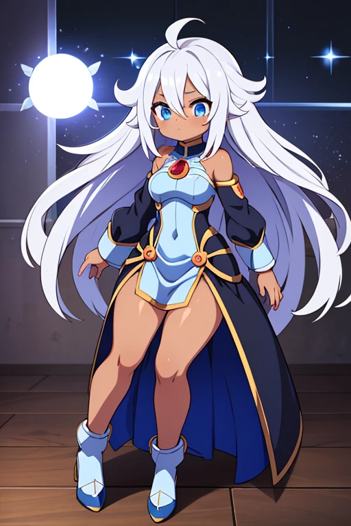 18-year-old girl, Messy hair (like Android 21), Broken hair, Silver hair with light blue tones, Light blue eyes, Brown skin, Dark skin, Silver dress with light blue, Long sleeves, Paladin-type clothing, Bare shoulders, expression: shy, full body image.