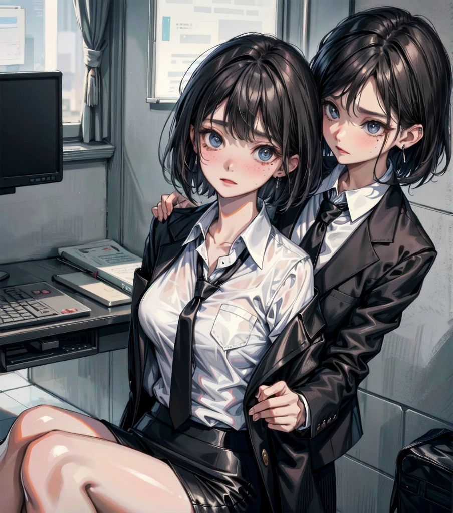 whole body, medium tits, medium hair, black hair, tearful mole, earring, business suit, blazer, pencil skirt, collarbone, shirt, tie,