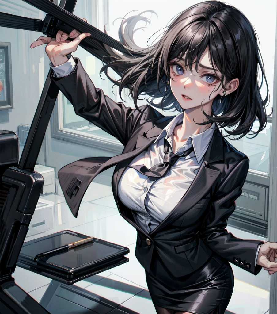 whole body, medium tits, medium hair, black hair, tearful mole, earring, business suit, blazer, pencil skirt, collarbone, shirt, tie,