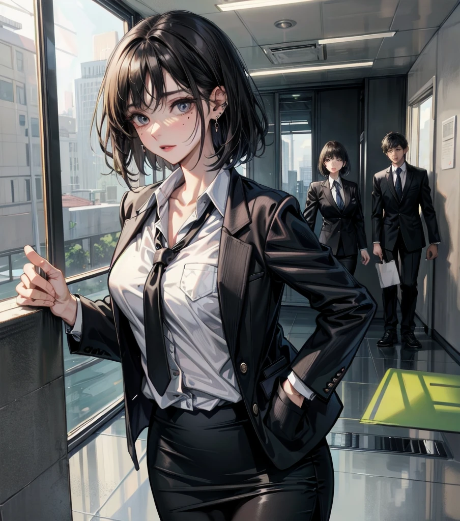 whole body, medium tits, medium hair, black hair, tearful mole, earring, business suit, blazer, pencil skirt, collarbone, shirt, tie,