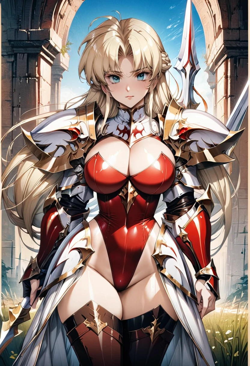 ((highest quality)), ((masterpiece)), ((hyperrealistic)), (detailed background), solo, 1girl, ((curvy: 1.2)), kawaii, gentle smile, knight, langrisser, blonde braided long hair, back view, from behind,, ((Crimson leotard: 1.5)), (white paladin armor: 1.3), ((Tight-fitting latex leotard bodysuit)),((spear)), Holding a spear, Combat stance, spear at the ready, ((huge breasts)), ((arm guard gauntlet)), ((zettai ryouiki thigh boots)), (big butt), (cleavage cutout), (Groin area), (thigh), beautiful aqua eyes, droopy eyes, parted bangs, perfect face, Perfect hands, perfect fingers, Blue sky and grassland
