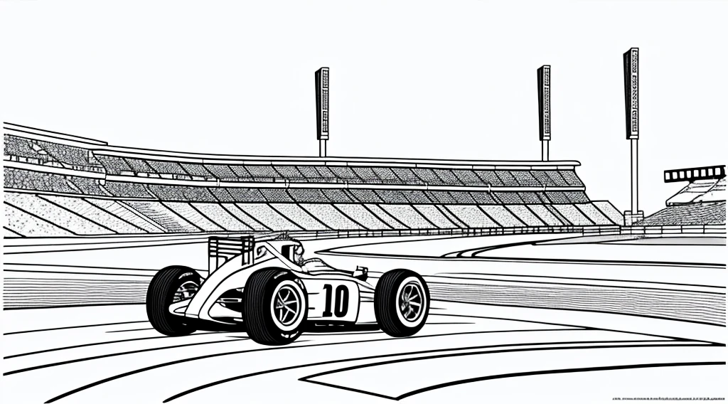 Coloring book page, beautifully drawn, black and white version and color, racing car on the track, simple line, illustration, ink drawing, very visible thick outlines, clean lines, line drawing, clipart. A car moves along the road, another one catches up with it. In the background - tribunes and scoreboard.